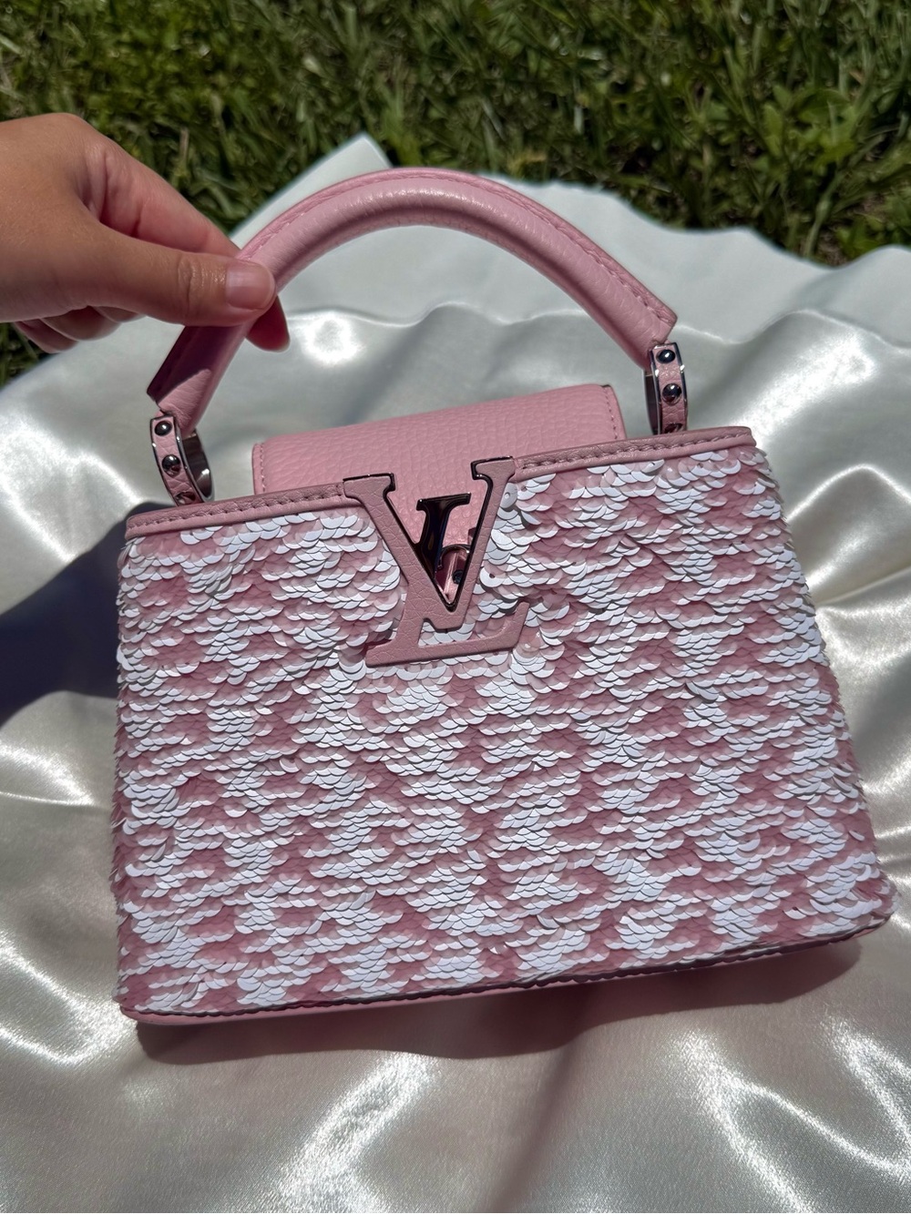 *RARE* Louis Vuitton Pink Sequin Leather Mini Capucines Bag w Strap